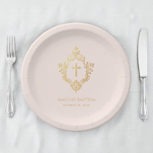 Pink Girl Baptism Faux Gold Cross in Crest Vintage Paper Plate