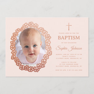 Pink Girl Baptism Photo in Rose Gold Floral Wreath Invitation