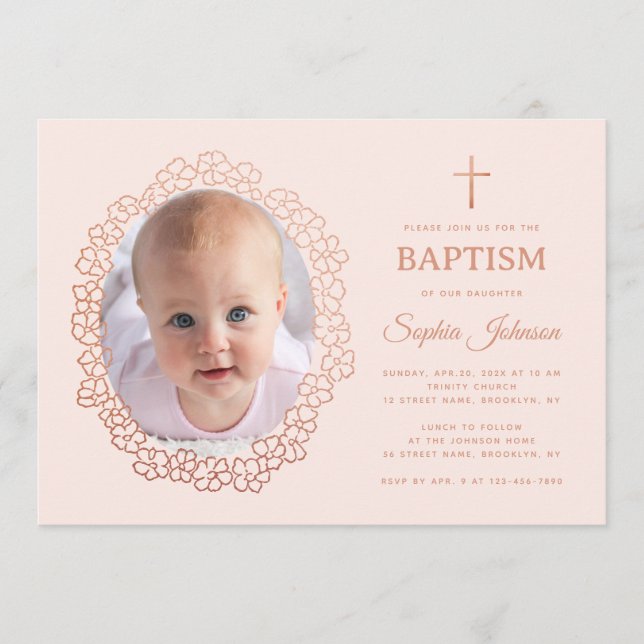 Pink Girl Baptism Photo in Rose Gold Floral Wreath Invitation (Front)