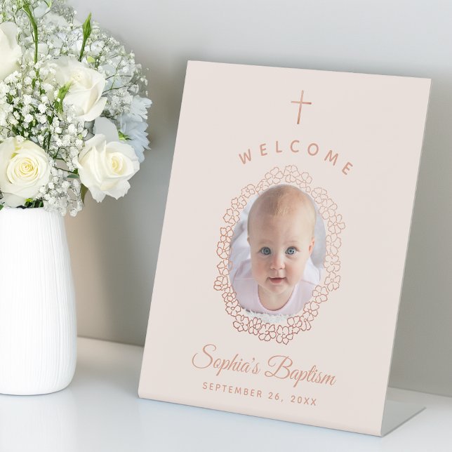 Pink Girl Baptism Photo in Rose Gold Floral Wreath Pedestal Sign (Creator Uploaded)