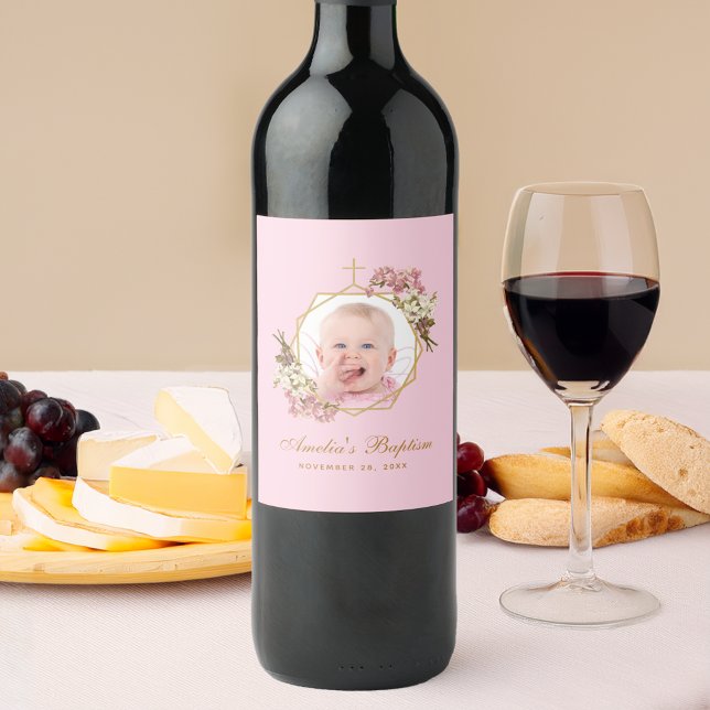 Pink Girl Baptism Photo Orchids Floral Geometric Wine Label (Creator Uploaded)