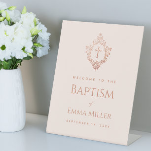 Pink Girl Baptism Rose Gold Crest Elegant Welcome  Pedestal Sign