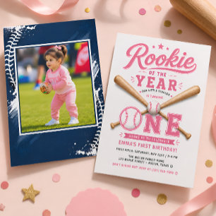 Pink Girl Baseball First Birthday Party Invitation