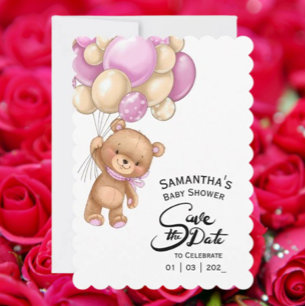 Pink Girl Bear Baby Shower Invitation