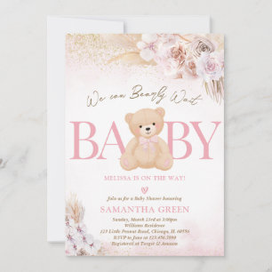 Pink Girl Bear Boho Baby Shower Invitation