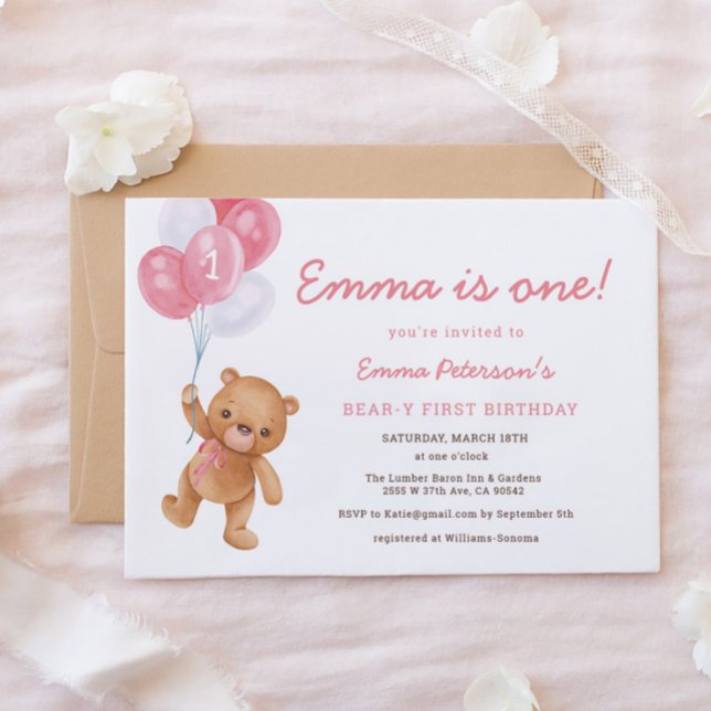 Pink Girl Bearly First Birthday Invitation (Creator Uploaded)