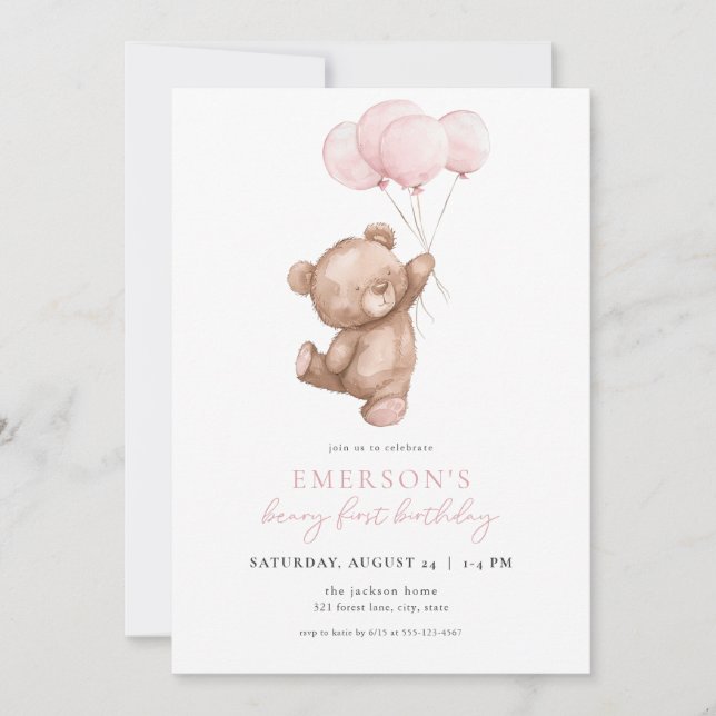 Pink Girl Beary First Birthday Invitation (Front)