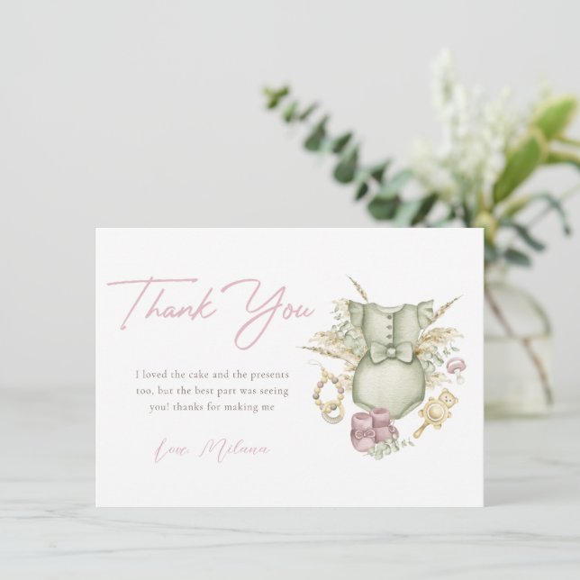 Pink Girl Boho Baby Shower Thank You Card (Standing Front)