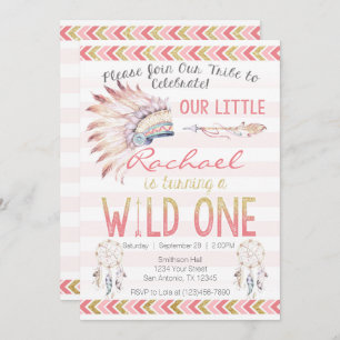 Pink Girl Boho Tribal Wild One Birthday Invitation