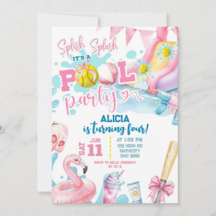 Pink Girl Bow Basketball Pool Party Birthday Invit Invitation