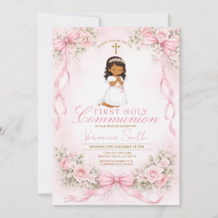  Pink Girl Bow Floral First Holy Communion Invitation
