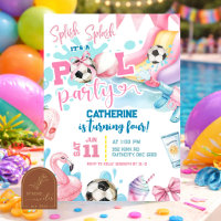  Pink Girl Bow Soccer Pool Party Birthday Invitati