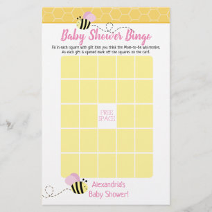 Pink Girl Bumble Bee Baby Shower Bingo Game