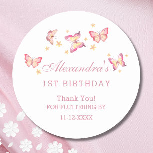 Pink Girl Butterfly 1st Birthday Thank You  Classic Round Sticker