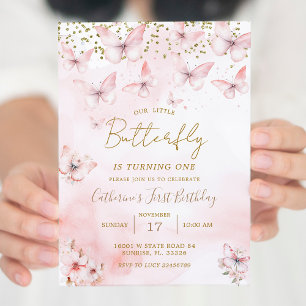 Pink Girl Butterfly Birthday Party Invitation