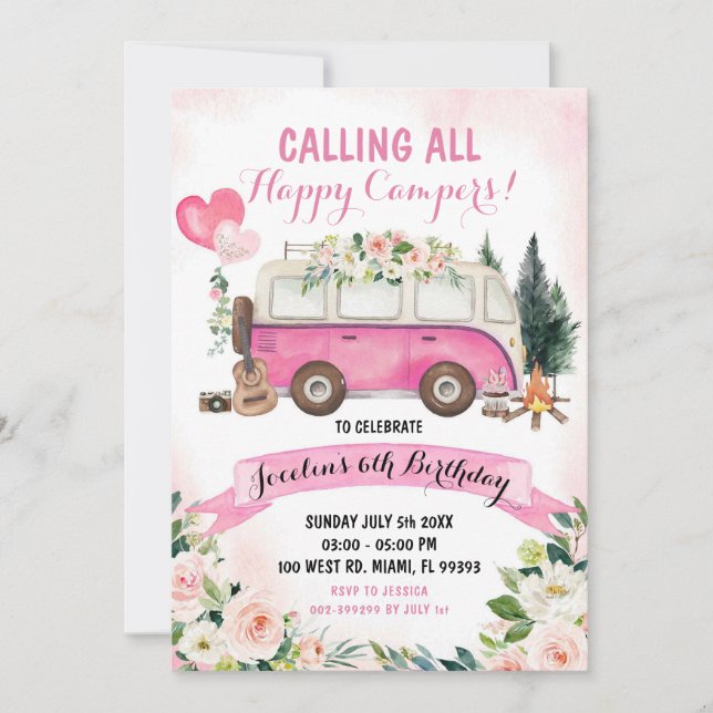 Pink Girl Camp Out Birthday Invitation (Front)