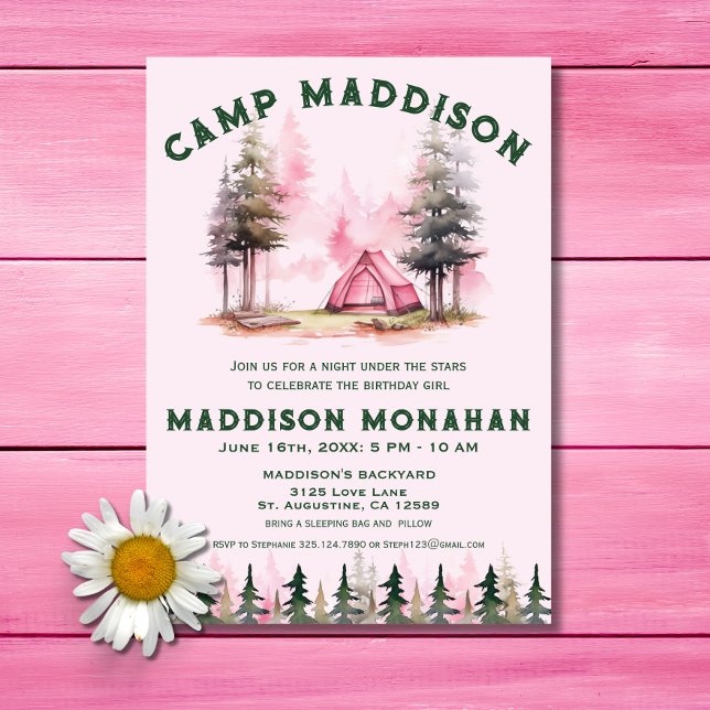 Pink Girl Camping Birthday Sleepover Invitation (Creator Uploaded)