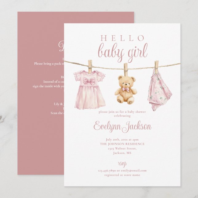 Pink Girl Clothesline Baby Shower All In One Invitation (Front/Back)