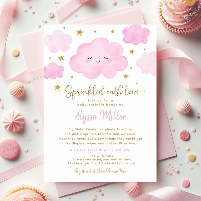 Pink Girl Cloud Sprinkled with Love Baby Sprinkle Invitation (Creator Uploaded)