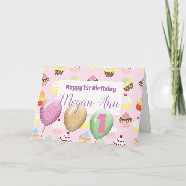 Pink Girl Cupcake First Birthday Card (Front)
