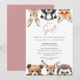 Pink Girl Cute Forest Woodland Animals Baby Shower Invitation