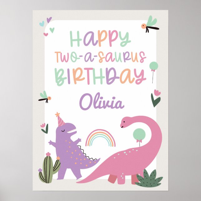 Pink Girl Dinosaur 2nd Birthday Party Poster Sign (Front)