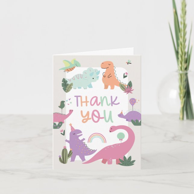 Pink Girl Dinosaur 5th Birthday Thank You Cards (Front)
