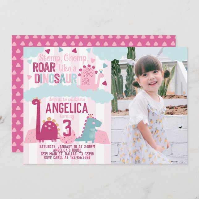 Pink Girl Dinosaur Birthday Party Themed Invitatio Invitation (Front/Back)