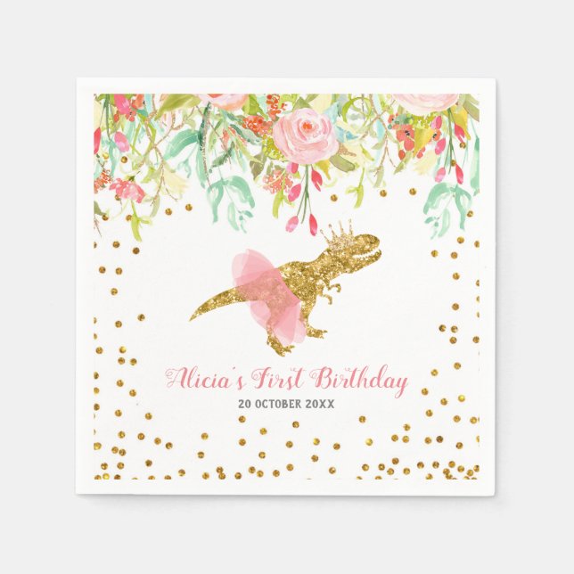 Pink Girl Dinosaur Paper Napkin (Front)