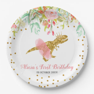 Pink Girl Dinosaur Paper Party Plate