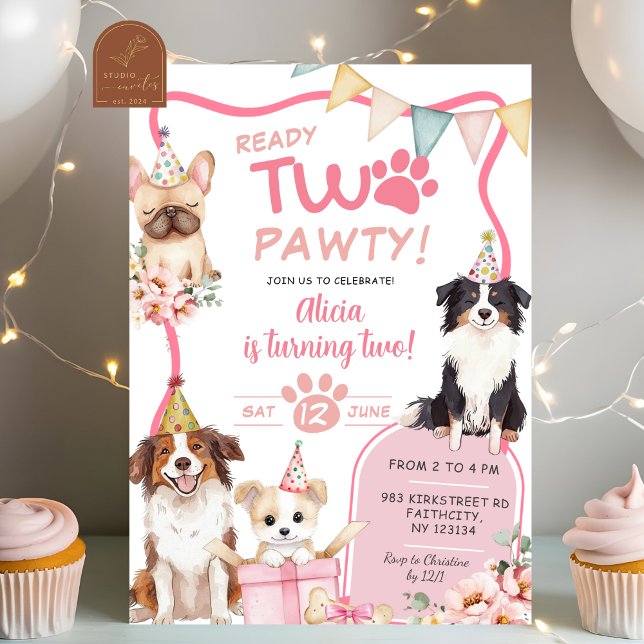 Pink Girl Dog Ready TWO pawty Invitation (Creator Uploaded)