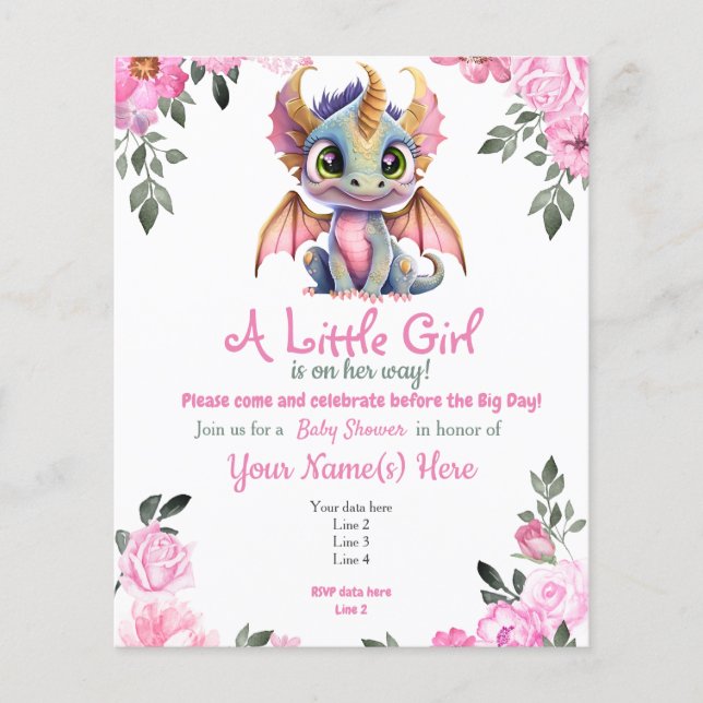 Pink Girl Dragon Floral Baby Shower Invitation Flyer (Front)