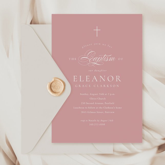 Pink Girl Elegant Cross Calligraphy Baptism Invitation (Creator Uploaded)