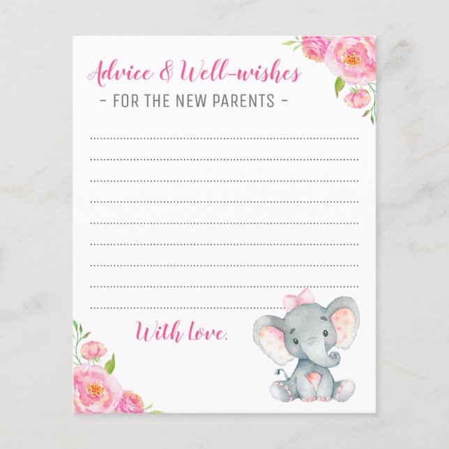 Pink Girl Elephant Shower New Parents Advice Cards (Front)