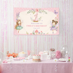 Pink Girl Fairy Garden First Birthday Party Banner