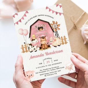 Pink Girl Farm Animals Baby Shower Party  Invitation