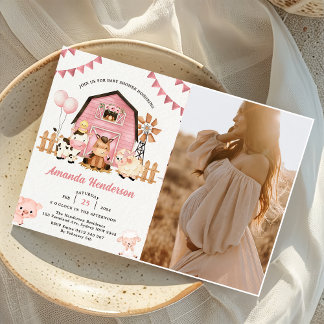 Pink Girl Farm Animals Baby Shower Party Photo Invitation