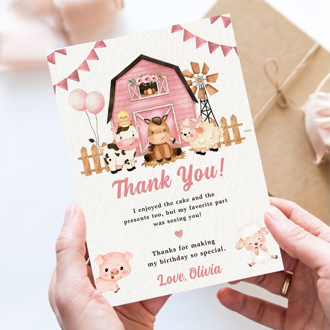 Pink Girl Farm Animals Birthday Thank You Card (Creator Uploaded)