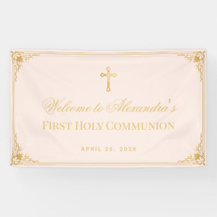 Pink Girl First Communion Faux Gold Cross Welcome  Banner