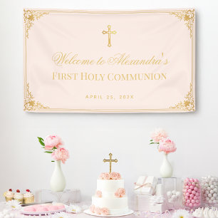 Pink Girl First Communion Faux Gold Cross Welcome  Banner