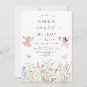 Pink Girl Floral Fairy First 1st Birthday Invitation