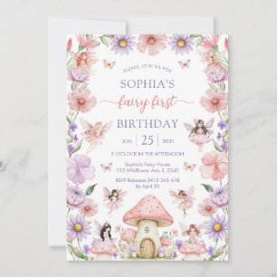 Pink Girl Floral Fairy First 1st Birthday Invitation
