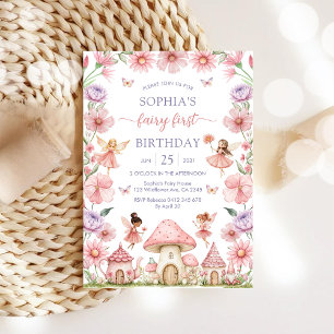 Pink Girl Floral Fairy First 1st Birthday Invitation