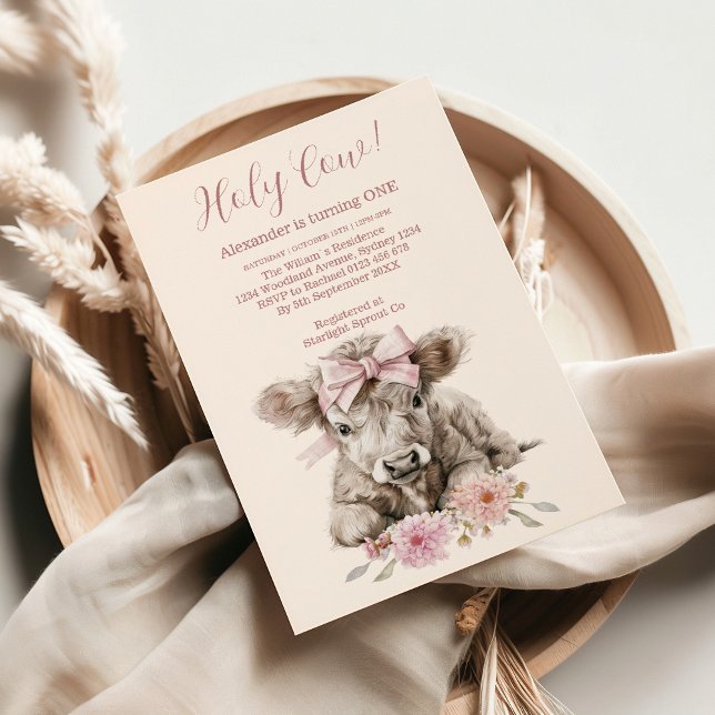 Pink Girl Floral Highland Cow 1st Birthday Invitation (Creator Uploaded)