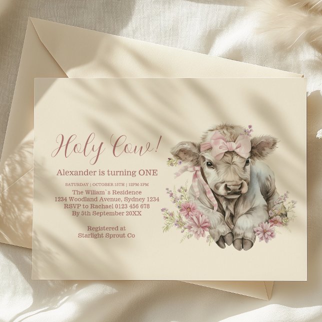 Pink Girl Floral Highland Cow 1st Birthday Invitation (Creator Uploaded)