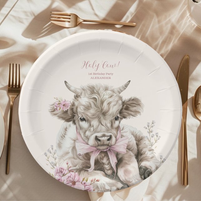 Pink Girl Floral Highland Cow 1st Birthday Paper Plate (Creator Uploaded)