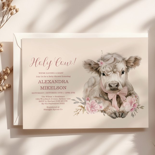 Pink Girl Floral Highland Cow Baby Shower  Invitation (Creator Uploaded)