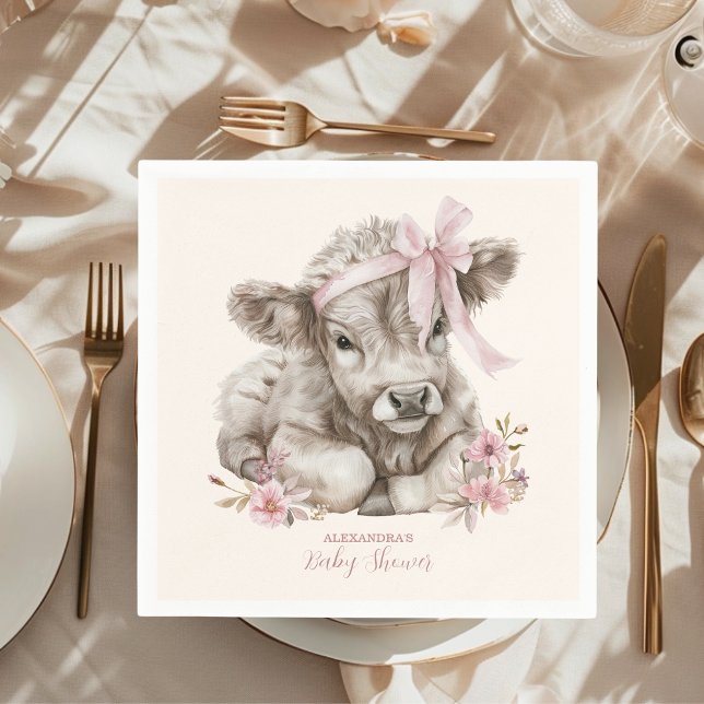 Pink Girl Floral Highland Cow Baby Shower  Napkin (Creator Uploaded)