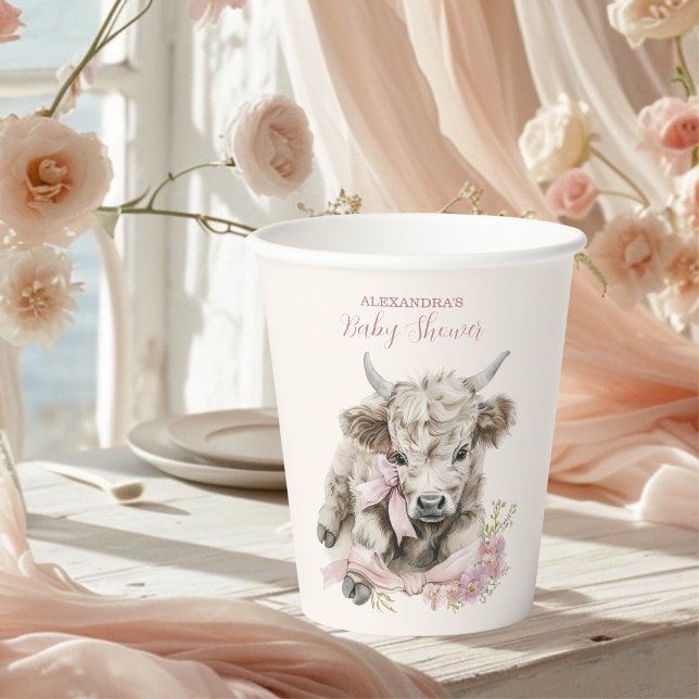 Pink Girl Floral Highland Cow Baby Shower  Paper Cups (Creator Uploaded)