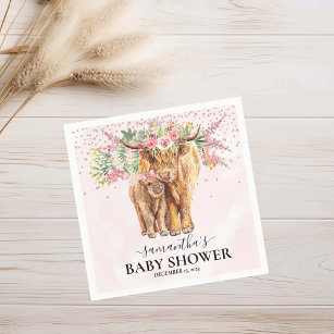 Pink Girl Floral Highland Cow Calf Baby Shower   Napkin
